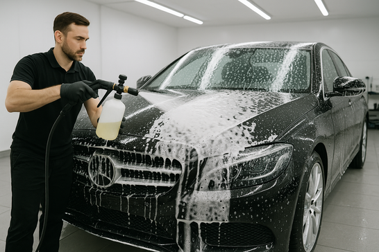 Lavaggio auto professionale con schiuma e attrezzatura da car detailing