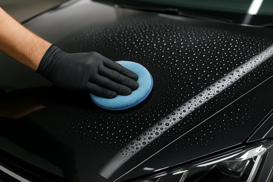 Applicazione cera protettiva su carrozzeria auto con effetto idrorepellente